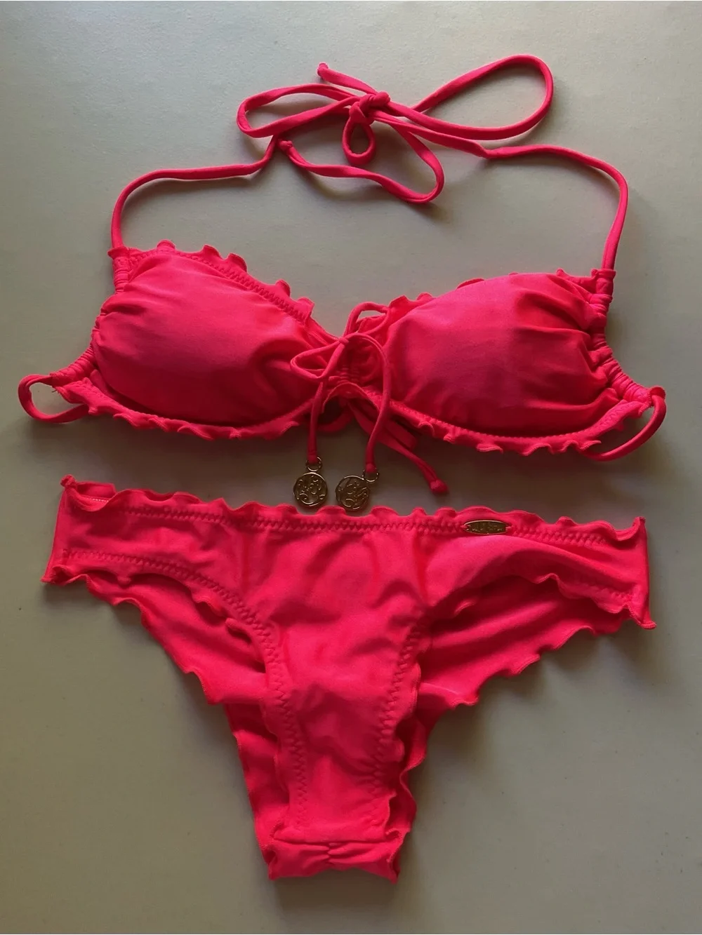 Luli Fama Cosita Buena Wavy Funnel Cheeky Bikini Set in Bombshell Red, Size XS